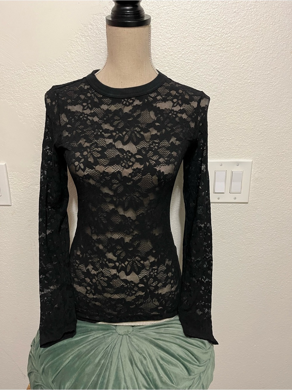 aerie Black Sheer Lace Long Sleeve Top